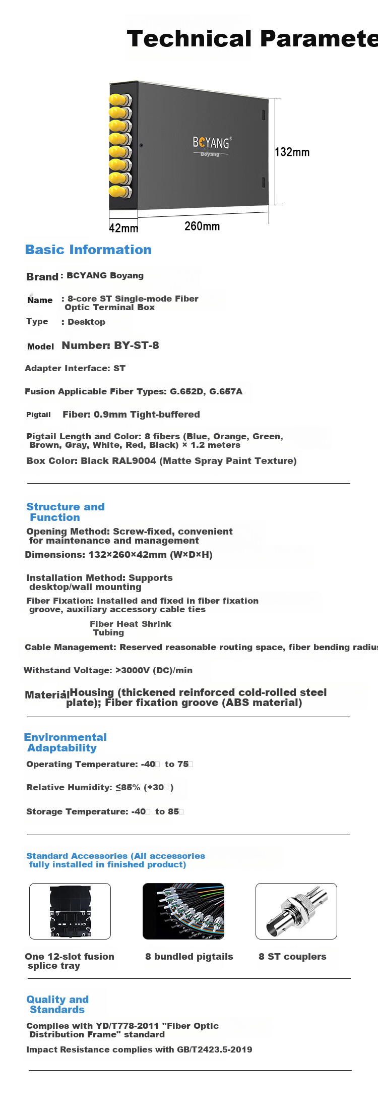 BOYANG BY-SC-8 Fiber Optic Terminal Box SC8 Port Fiber Box [Full Set Pigtail + Flange] 8-Core Single-Mode Fiber Splice Box 2
