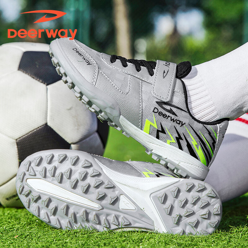 DEERWAY Kids Soccer Shoes Summer Mesh Breathable TF Turf Cleats Boys Training Shoes Silver Size 30