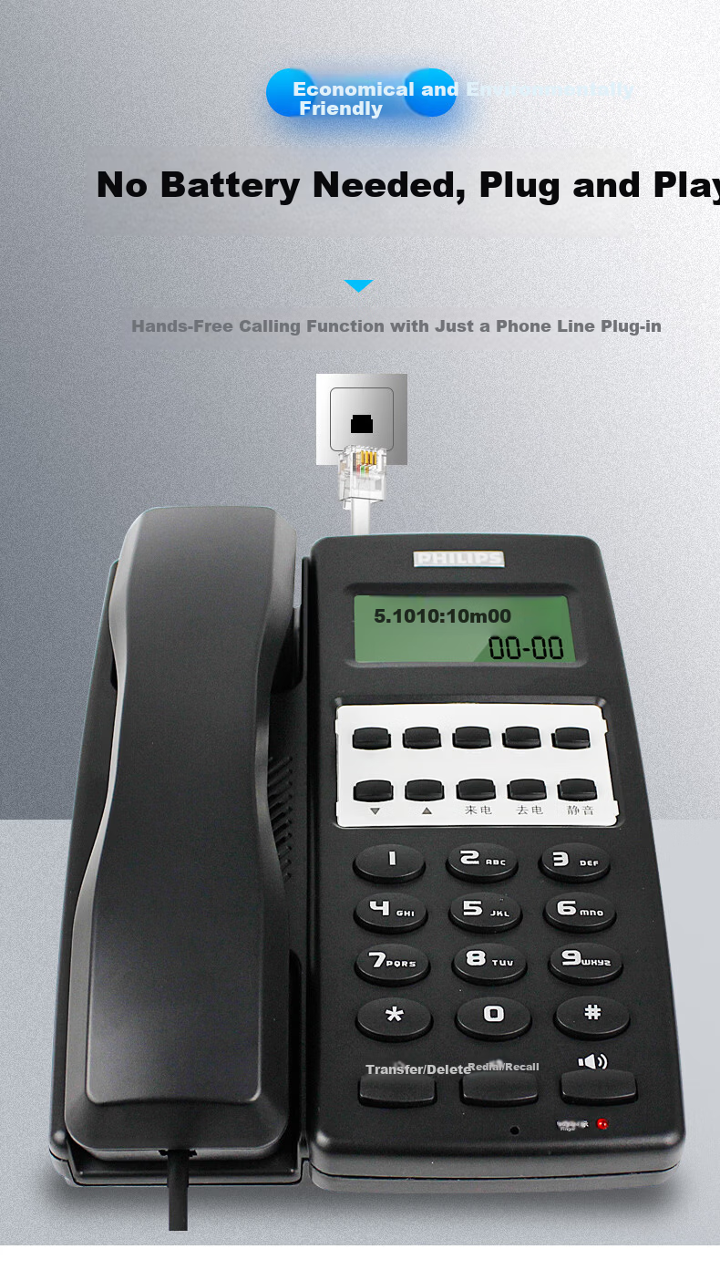 PHILIPS CORD2802 Hotel Telephone Corded Desk Phone Caller ID One-Touch Dial Wired Wall-Mount Black 8
