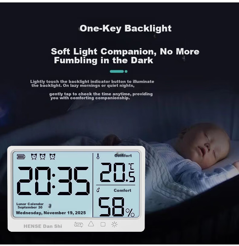 Hense Temperature And Humidity Magnetic Electronic Clock, Living Room Kitchen Timepiece, Desktop Digital Display Screen, Student-Specific Wake-Up Device, HAMY12 Rechargeable Model 7