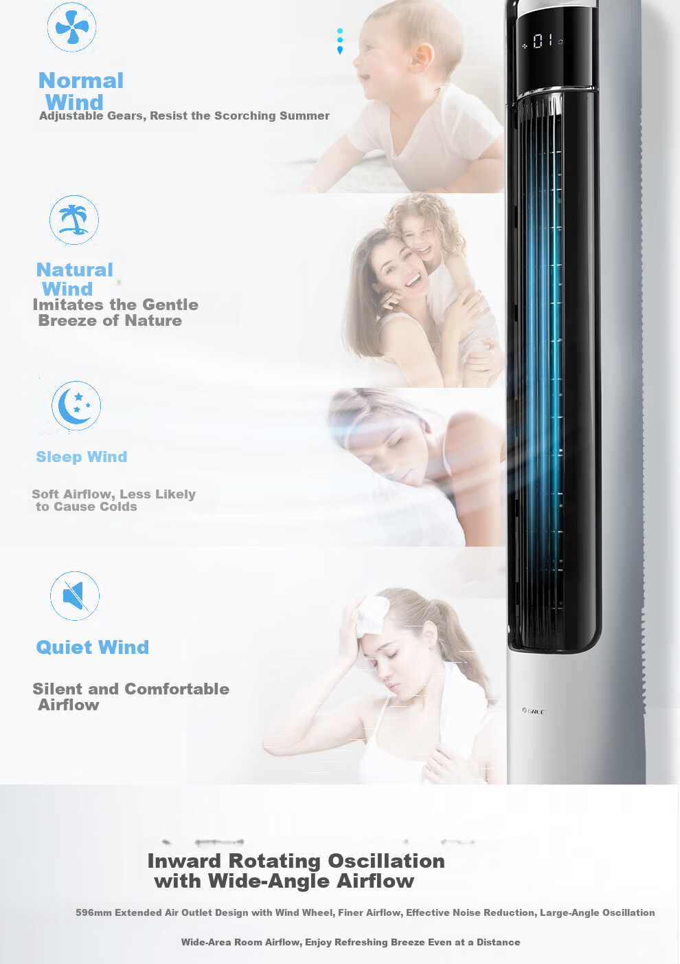 GREE Tower Fan Home Floor Fan Bladeless Quiet Low Noise Baby Smart Remote Control Timer DC Inverter FLZ-09X63Bg 5