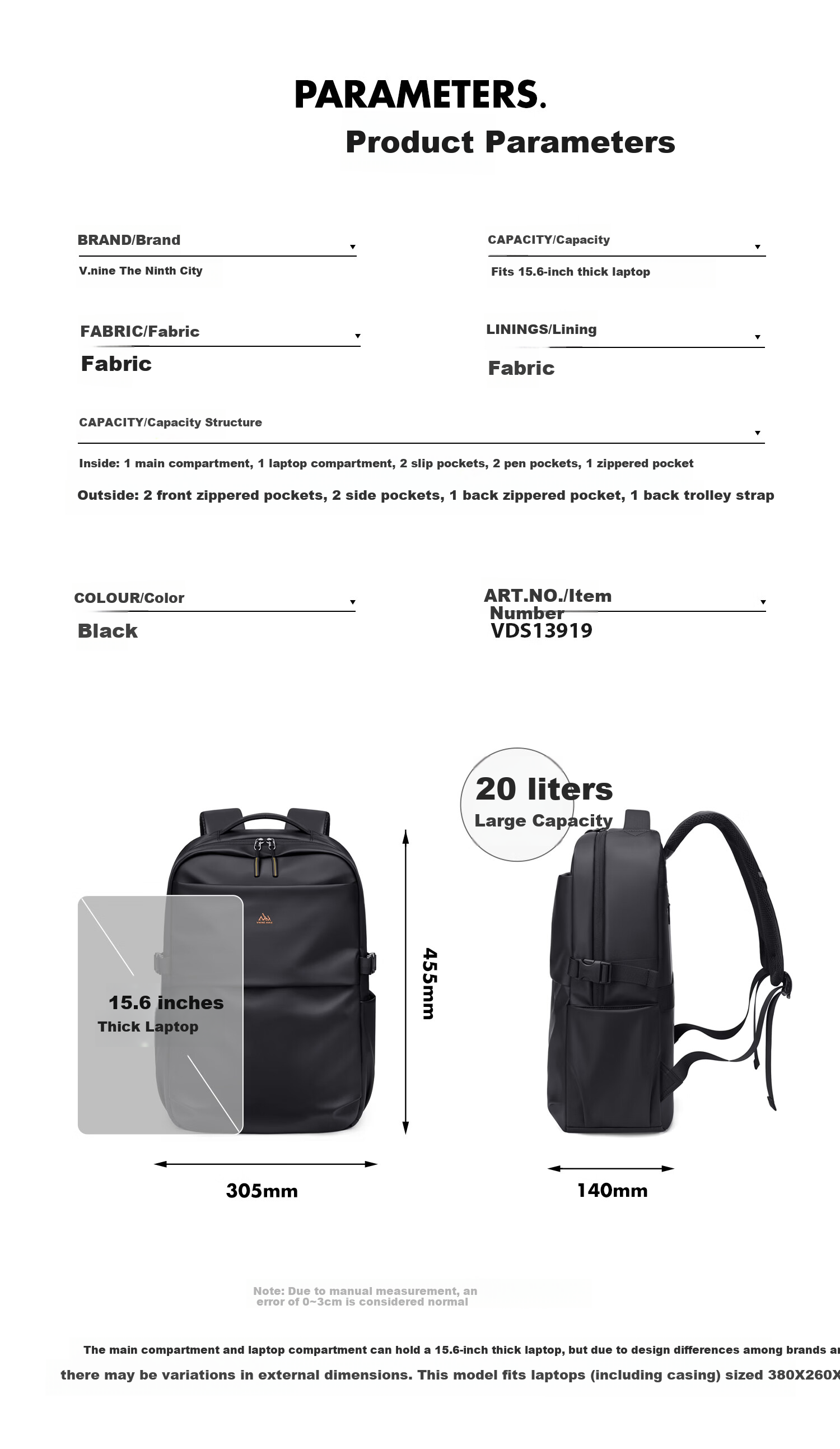 V.NINE Men's Backpack Travel Bag 15.6/16 Inch Laptop Bag Large Capacity Business Commuter Bag 9