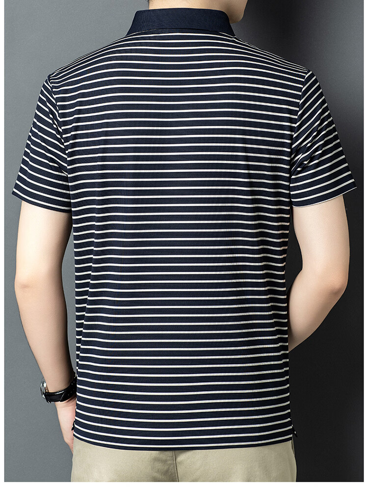 Edenbo Men's Short Sleeve Polo Shirt Spring Summer Striped Skin-Friendly Commuter Top Navy Blue 170/88A (L) 14