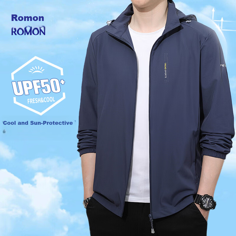 ROMON Men's Sunscreen Jacket Summer Ice Silk Quick-Dry Lightweight Breathable Casual Outdoor Fishing Coat Men's 8856 Blue M