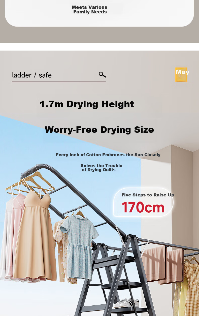 Chuangshuo Household Ladder Clothes Drying Rack Folding Step Ladder Carbon Steel 4-Step Gray 8