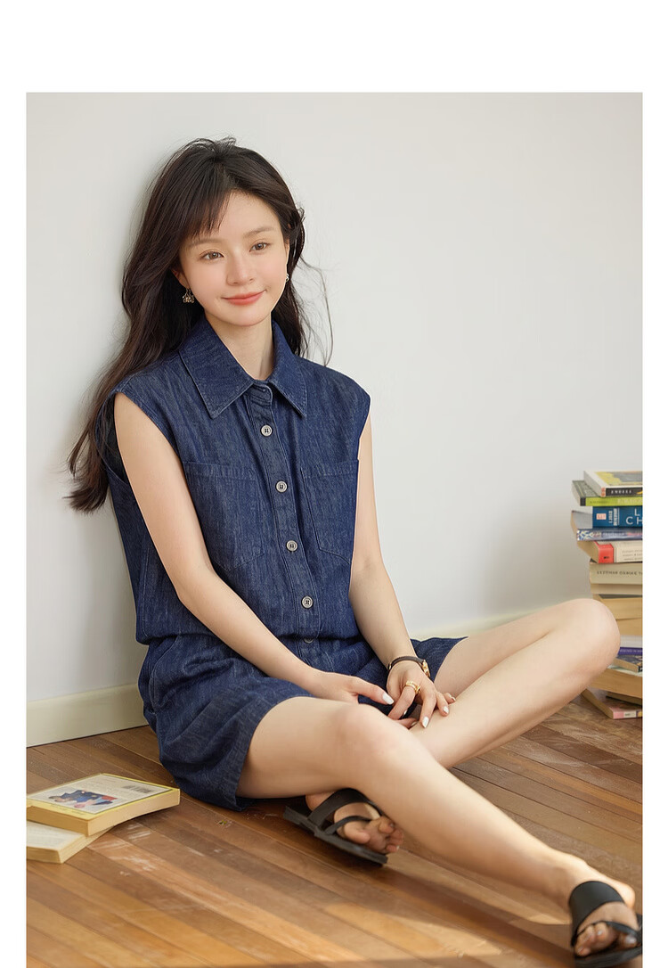 Demana Denim Cloud Oxygen Summer Vintage Faux Two-Piece Sleeveless Collared Petite Denim Dress for Women Premium Feel 2