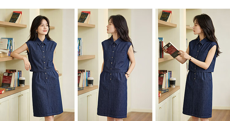 Demana Denim Cloud Oxygen Summer Vintage Faux Two-Piece Sleeveless Collared Petite Denim Dress for Women Premium Feel 5