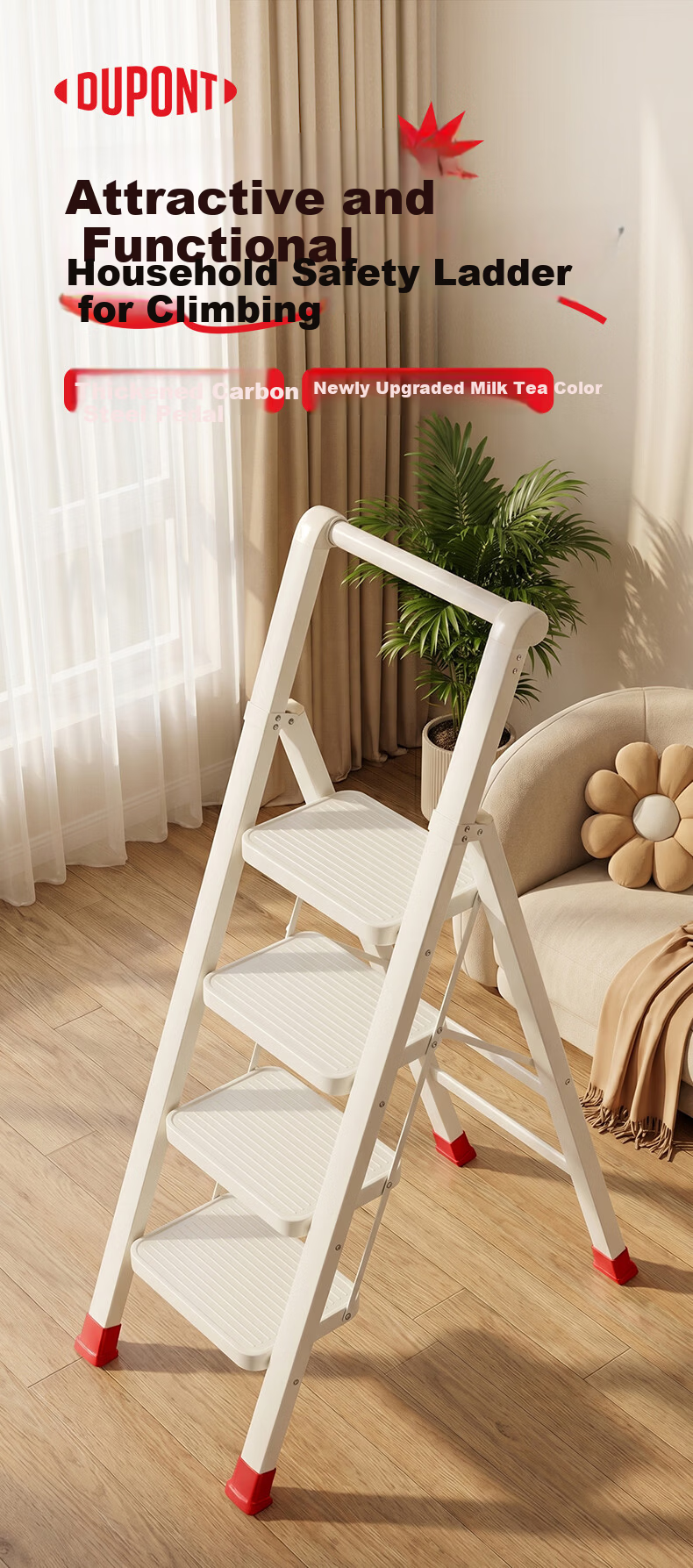 DU PONT Household Folding Multi-Functional A-Frame Ladder, Thickened 4-Step Small Step Stool for Moving and Climbing 3