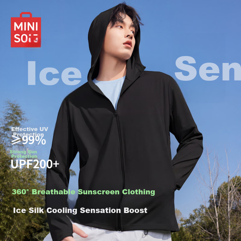 MINISO Men's High-Protection Sunscreen Jacket Ice Silk Cooling Outdoor Cycling Fishing Lightweight Hooded Sun Protection Skin Jacket Z Black 3XL