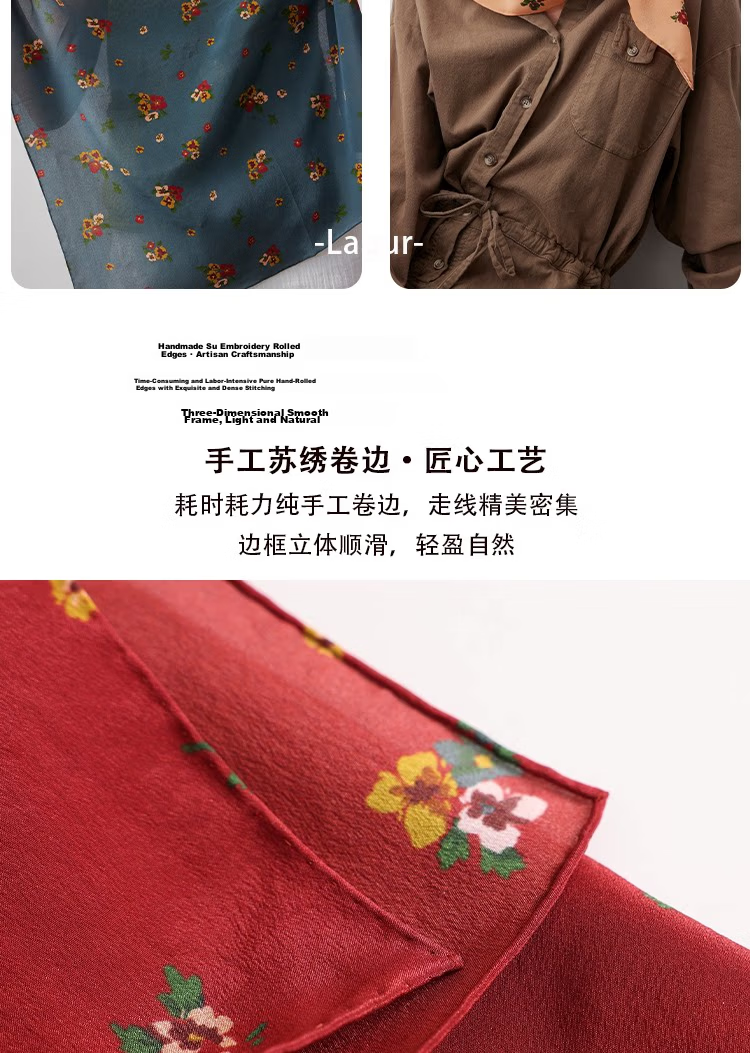 Lagur Nostalgic "Oriental Aesthetic" Vintage Red Mulberry Silk Scarf Square Hong Kong Style Women's Gift for Mom Camellia Red 10