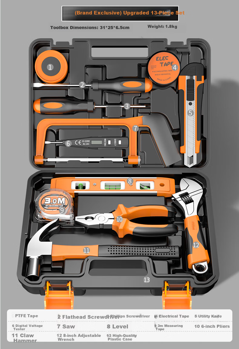 KOMAX 9-Piece Portable Toolbox Set Home Hardware Electrician Carpenter Repair Screwdriver Tool Kit 10