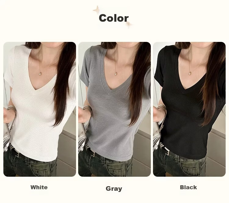 Urban Beauty Solid Color Short Sleeve Women's Summer White V-Neck Slim Fit T-Shirt Base Layer Top [White L] 6