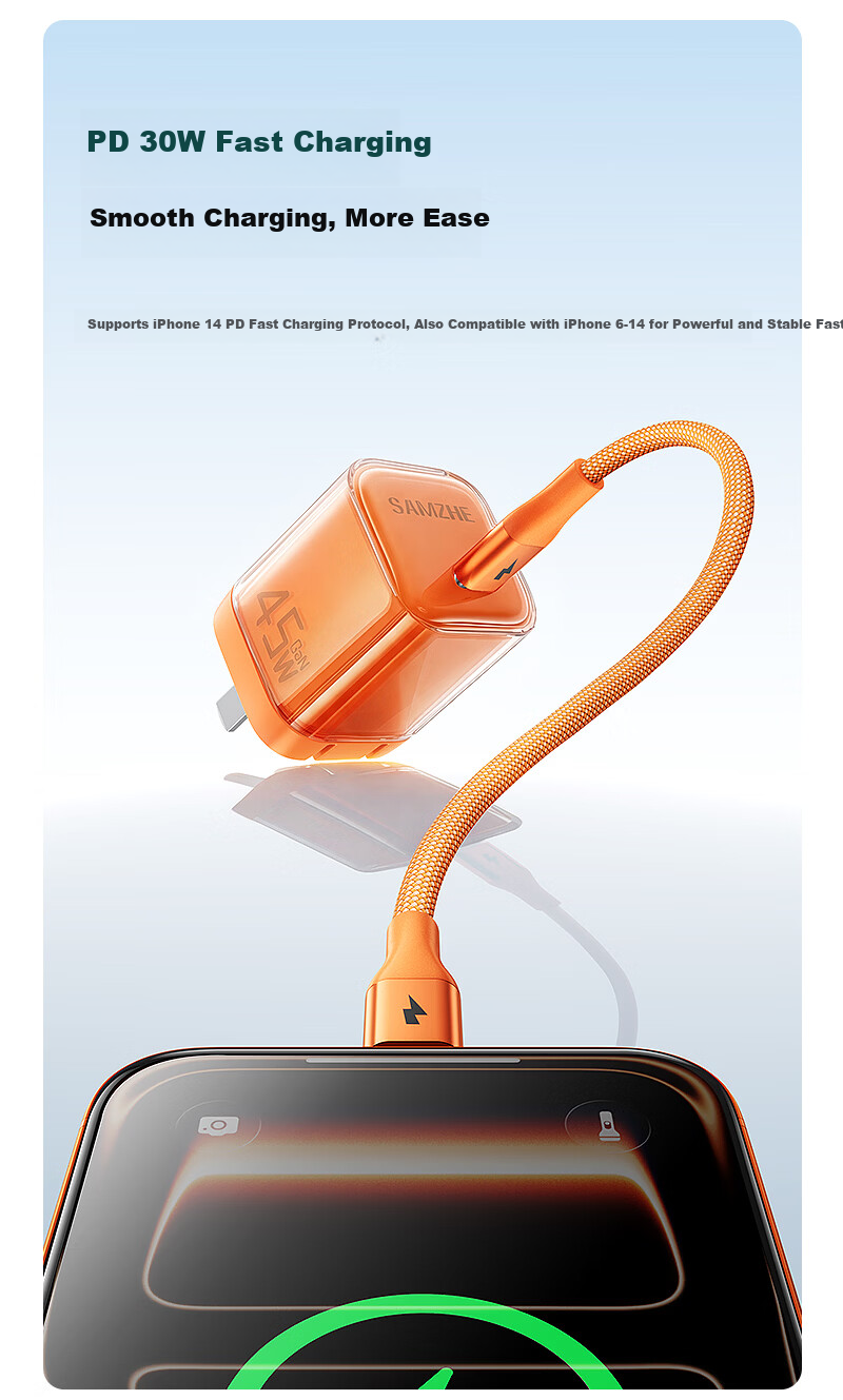 Sanze Apple GaN Fast Charger Set PD45W Charger + Lightning Magnetic Cable Compatible with 30/27W for iPhone 14/13 Pro Max 2