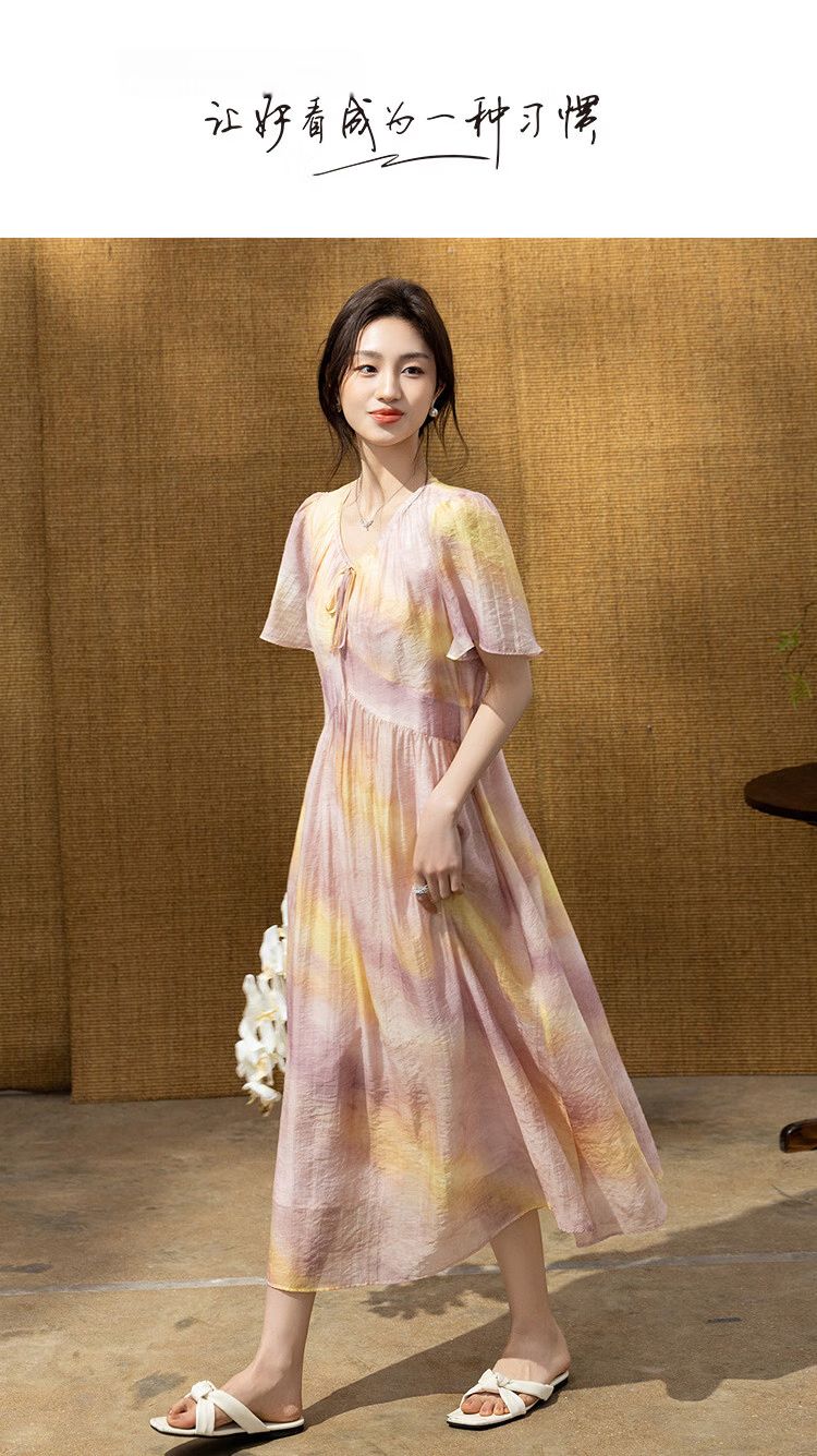 Demana Breathable Tencel Summer Romantic V-Neck Bowknot Print Flared Sleeve Slim Fit Dress for Women Premium 1