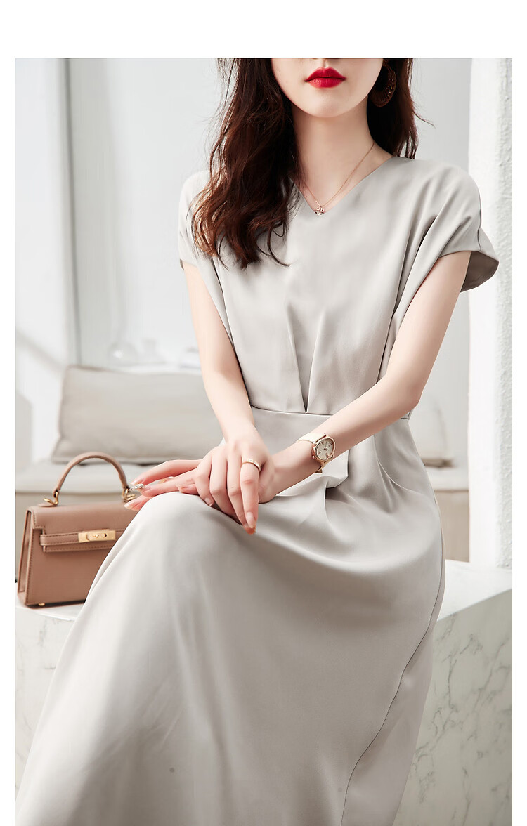 DME A-Line Skirt Summer Commuter V-Neck Short Sleeve Simple Mid-Length Dress for Women 20