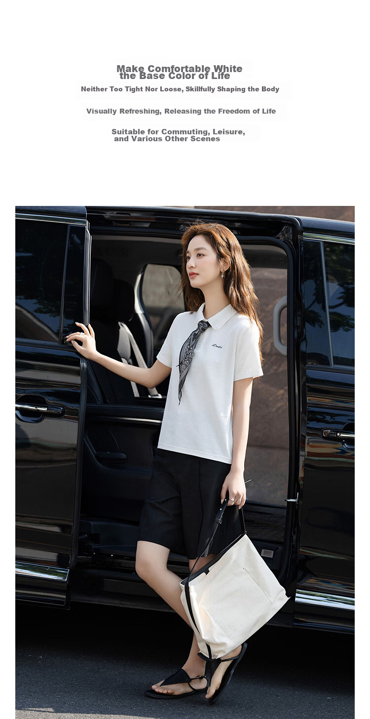 Demana [Refreshing Cloud Oxygen Cotton] Summer Pique Mesh Polo Collar Ribbon Embroidered Slim Fit T-Shirt for Women Premium Feel 6