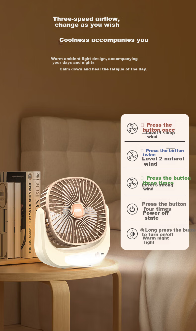 LEISE Quiet Turbo Stand Fan Desktop Night Light Combo Convection Ventilation Air Conditioner Companion LS-F3 9