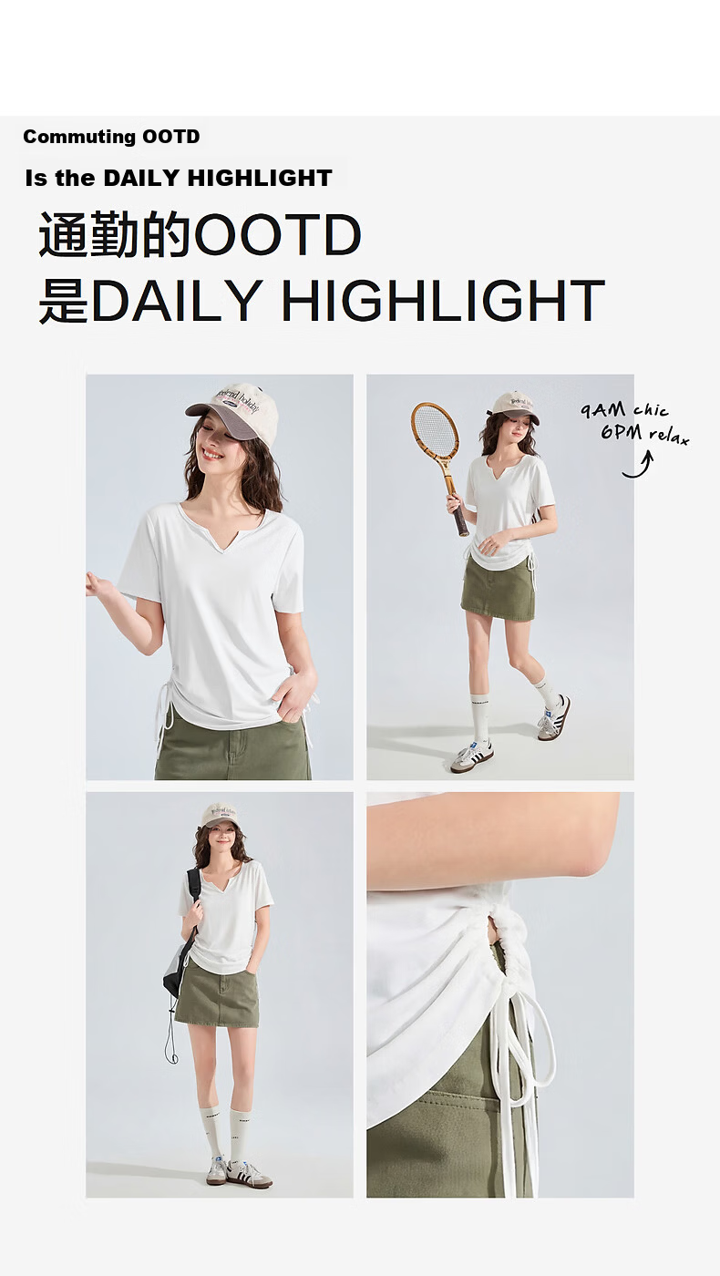 TonLion 2026 New Summer Women's Short Sleeve V-Neck Sports Style Sun Protection T-Shirt with Drawstring Waist Design White 6