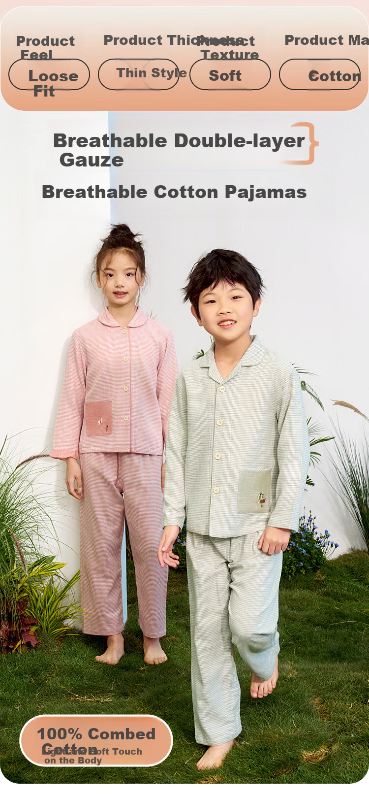 Hodohome Girls' Cotton Double-Layer Gauze Plaid Pajama Set, Long Sleeve Cardigan and Pants, Size 104-150, Pink 1