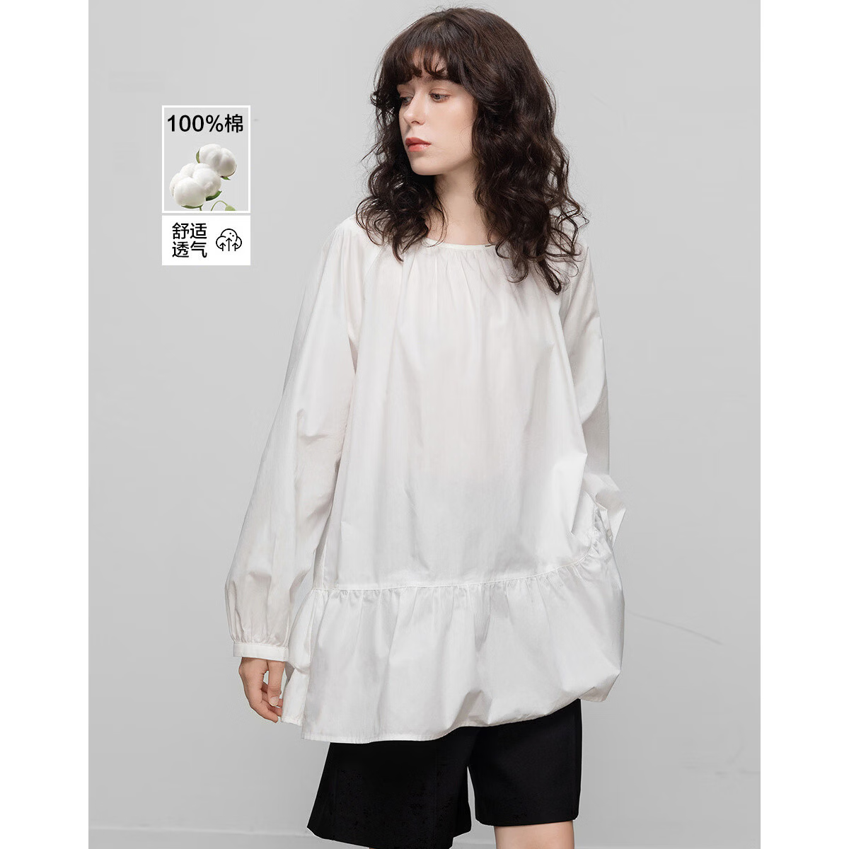 Demana [Pure Cotton Poplin] Spring Elegant Round Neck Mid-Length Doll Shirt Loose Small Size Blouse for Women