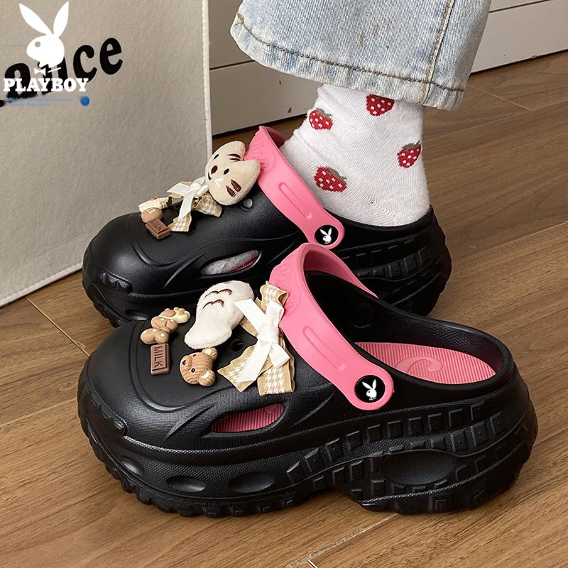PLAYBOY Women's Summer 2026 Hollow-out Sandals Thick-soled Height-increasing Slippers Versatile Beach Shoes Black Size 36/37