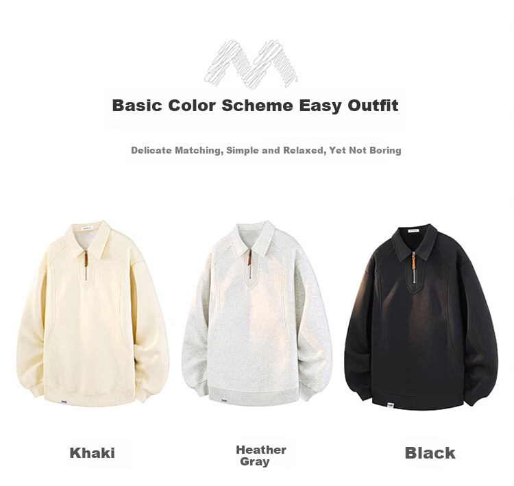 MARK FAIRWHALE Men's Spring and Autumn Hoodie American Streetwear Half-Zip Vintage Couple Loose Long Sleeve T-Shirt 2