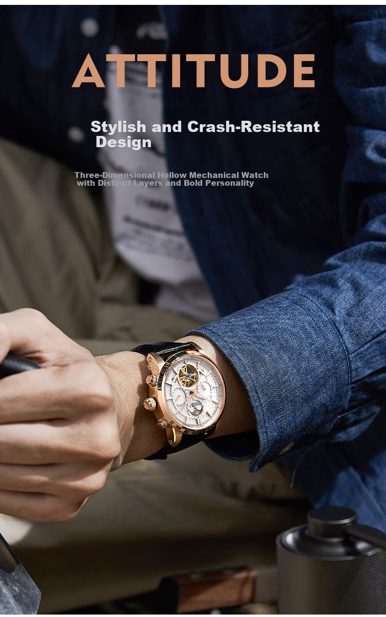 CALUOLA Men's Automatic Mechanical Watch Multifunction Leather Strap Fashion Business Wristwatch Birthday Gift 4