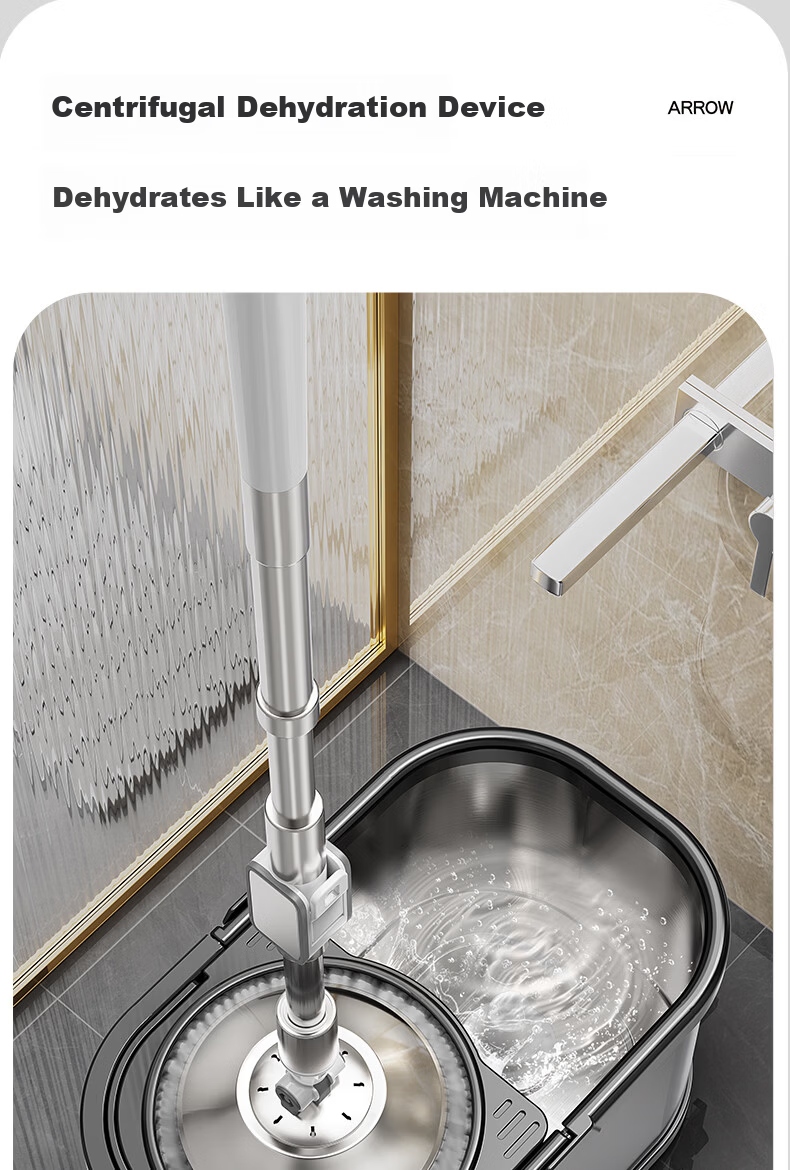 Arrow Stainless Steel Rotating Mop 3-Cloth Household One-Drag Clean Hands-Free Wash Set Detachable Wet and Dry Dual-Use Floor Cleaning Tool 6