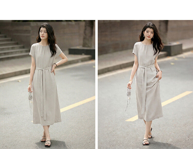 Demana Natural Linen Summer Elegant Round Neck Fabric Belt Loose Petite Mid-Length Dress for Women 10