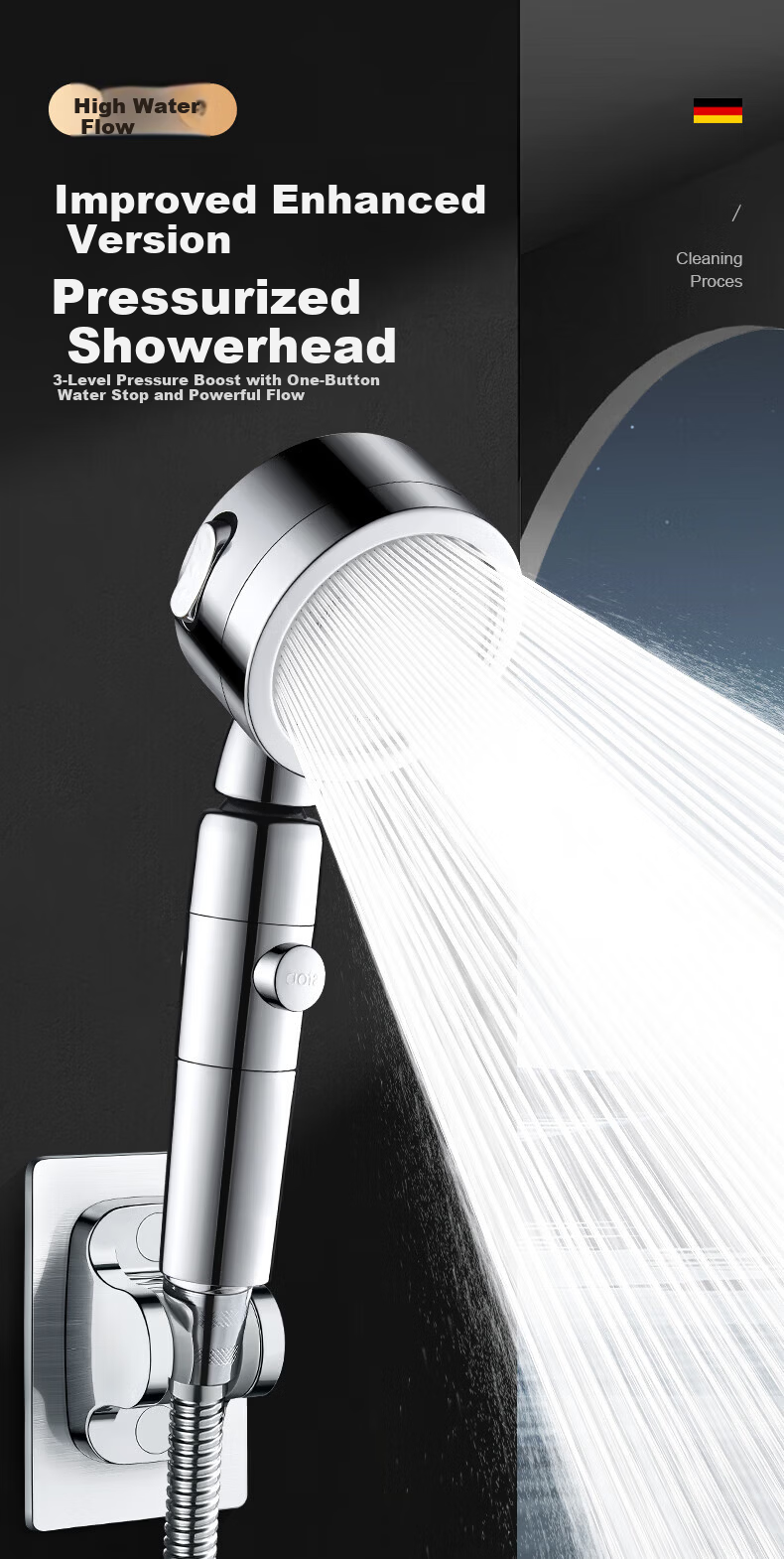 IVORPO [Germany] High-Pressure Multifunctional Handheld Shower Head with Booster and Overhead Spray 2