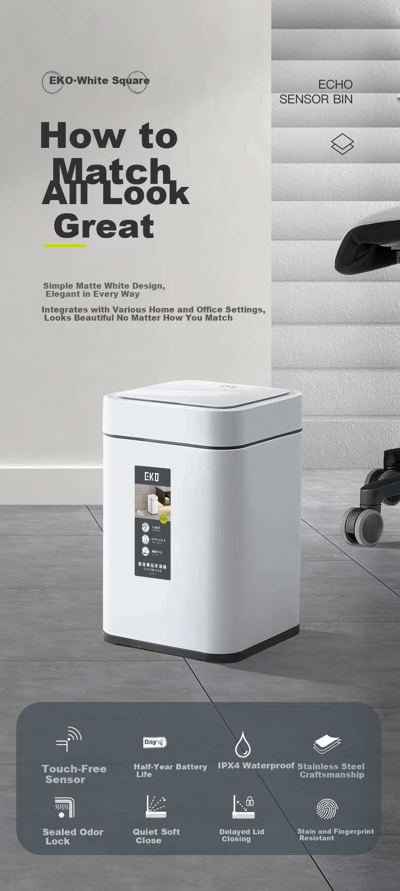 EKO Sensor Smart Trash Can 15L Matte White Commercial Stainless Steel Large Office Hotel Kitchen Bathroom EK9208 1