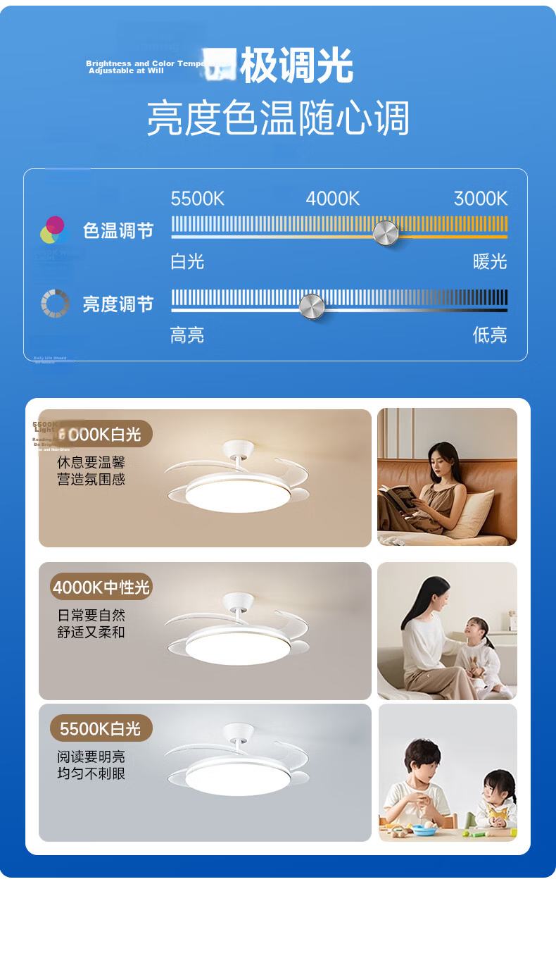 Dell Invisible Fan Light Eye Protection Fan Light Large Airflow Fan Light for Dining Room Living Room Bedroom with Electric Fan Integrated Silent Fan Light 24