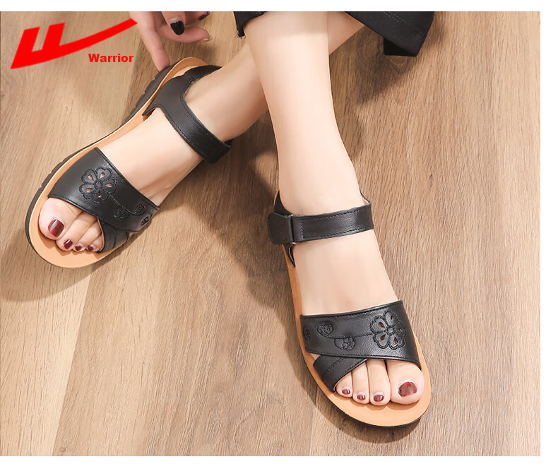 Warrior Mom Summer Sandals Soft Sole Genuine Leather Middle-aged and Elderly Women's Shoes New Anti-slip Summer 0768 Black Size 37 12