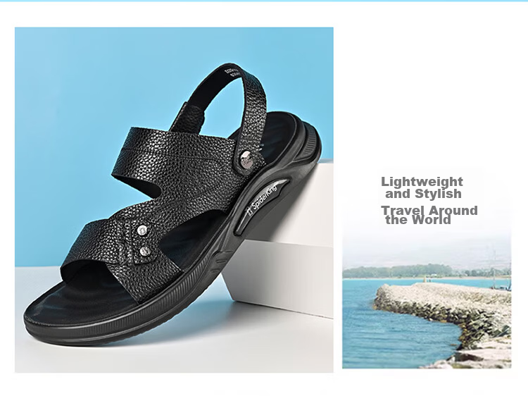 Spider King 2026 Summer New Men's Beach Sandals Genuine Leather Soft Sole Dual-Wear Slippers for Middle-aged and Elderly Dads Black Size 39 6