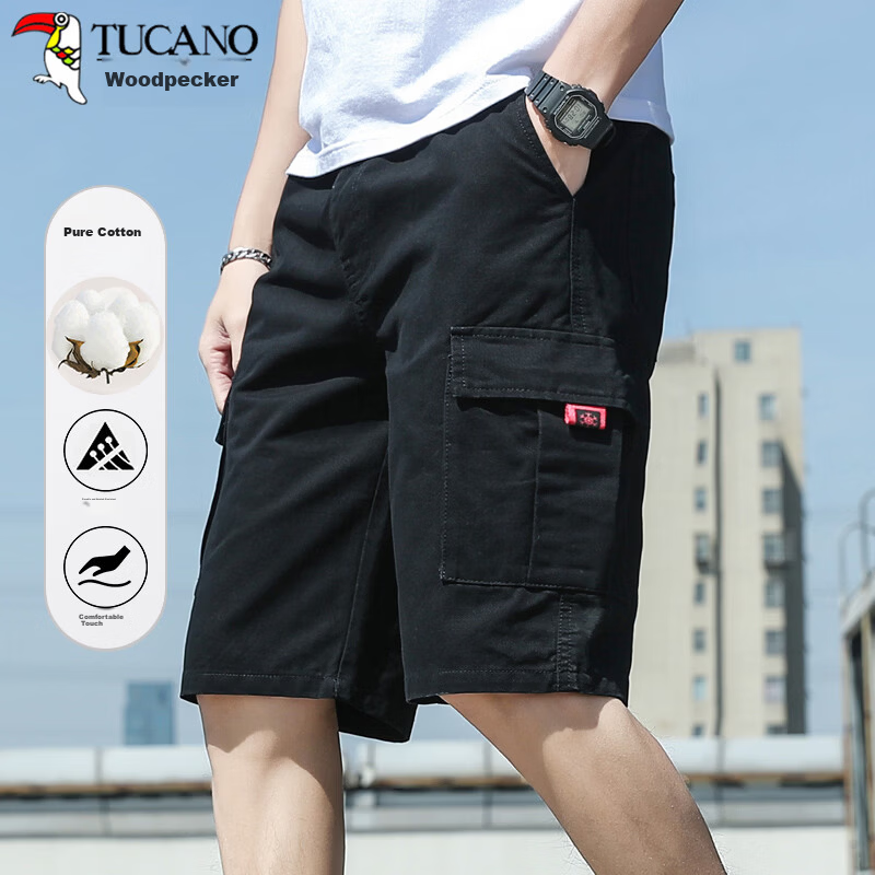 TUCANO Men's Summer Cotton Comfortable Multi-Pocket Cargo Shorts Skin-Friendly Sports Five-Point Pants Black 2XL