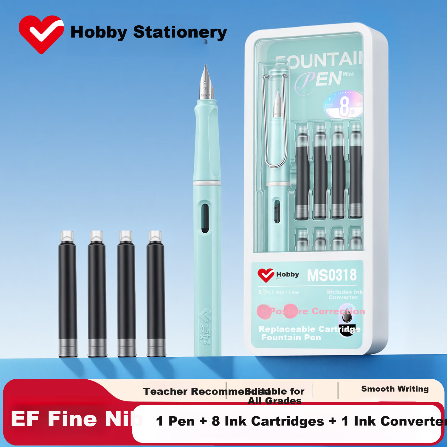 AIHAO New Year Gift Dual-Use EF Nib Fountain Pen for 3rd-6th Grade Students with Replaceable Ink Cartridges Children's Calligraphy Pen Set Green 1 Pen + 8 Ink Cartridges MS0318