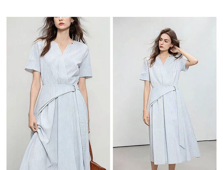 Demana Lightweight Cloud Oxygen Cotton Summer Simple Commuter V-Neck Striped Waist Belt Tie Waist A-Line Women's Dress 9