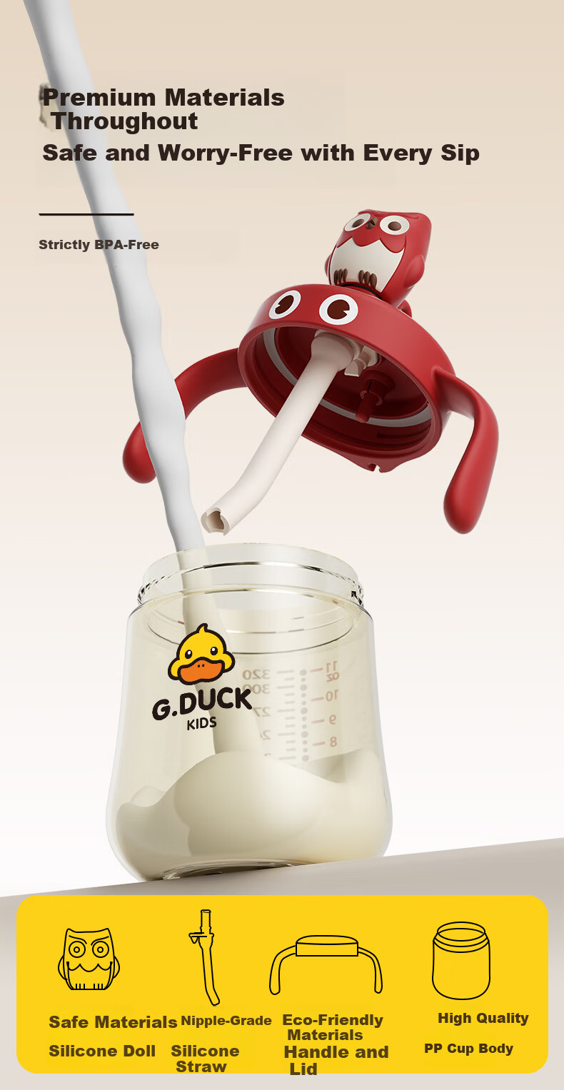 G.duck Little Yellow Duck Children's Milk Cup for Babies 6 Months and Older, Baby Training Drinking Cup with Measurement Scale, Brown 8
