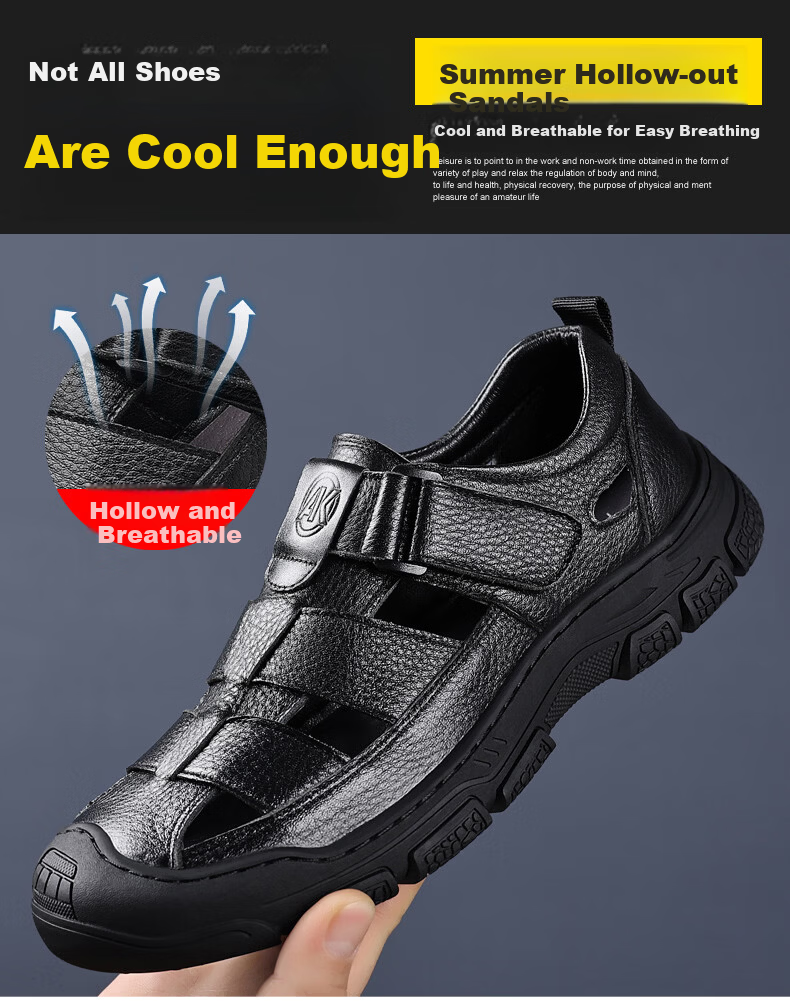Aokang Father's Day Summer Perforated Shoes Men's Casual Leather Shoes Business Commute Hollow Leather Sandals Men's Black Size 44 5