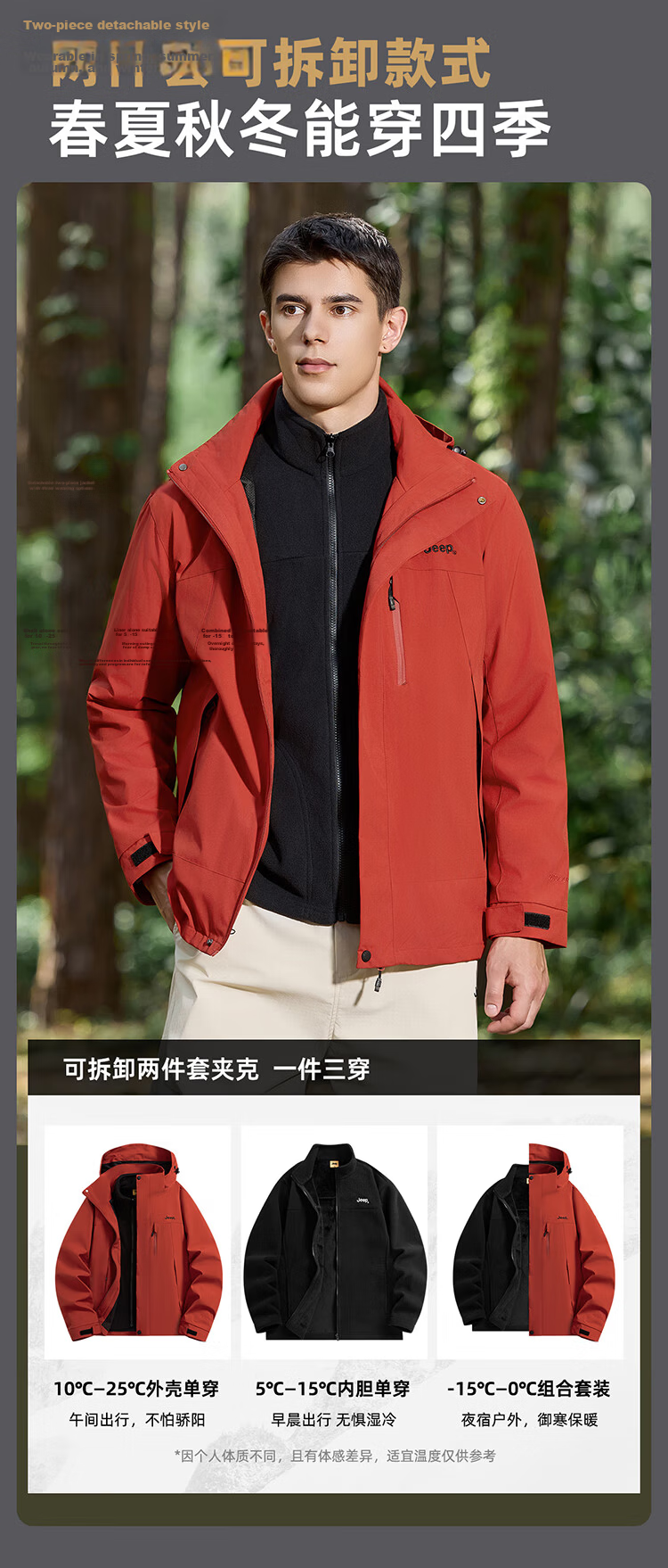 JEEP Men's 3-in-1 Fleece Two-Piece Warm Waterproof Jacket Advanced Black (Fleece) 3XL 10