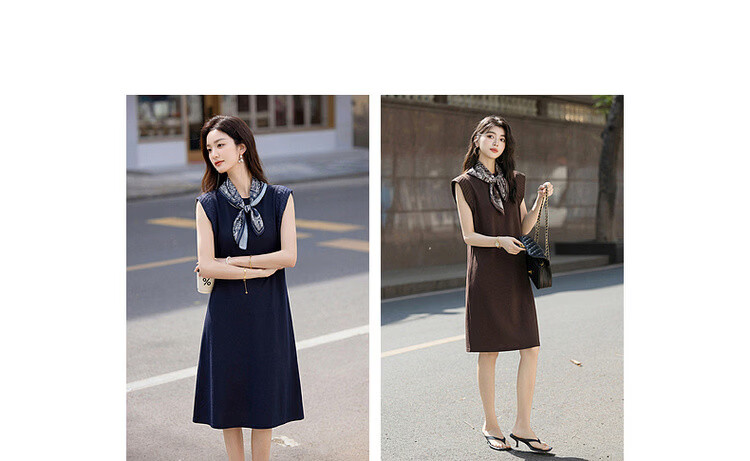 Demana Silent Breath Summer Elegant Urban Sleeveless Mid-Length Dress with Scarf and Pleated Round Neck Splicing 6