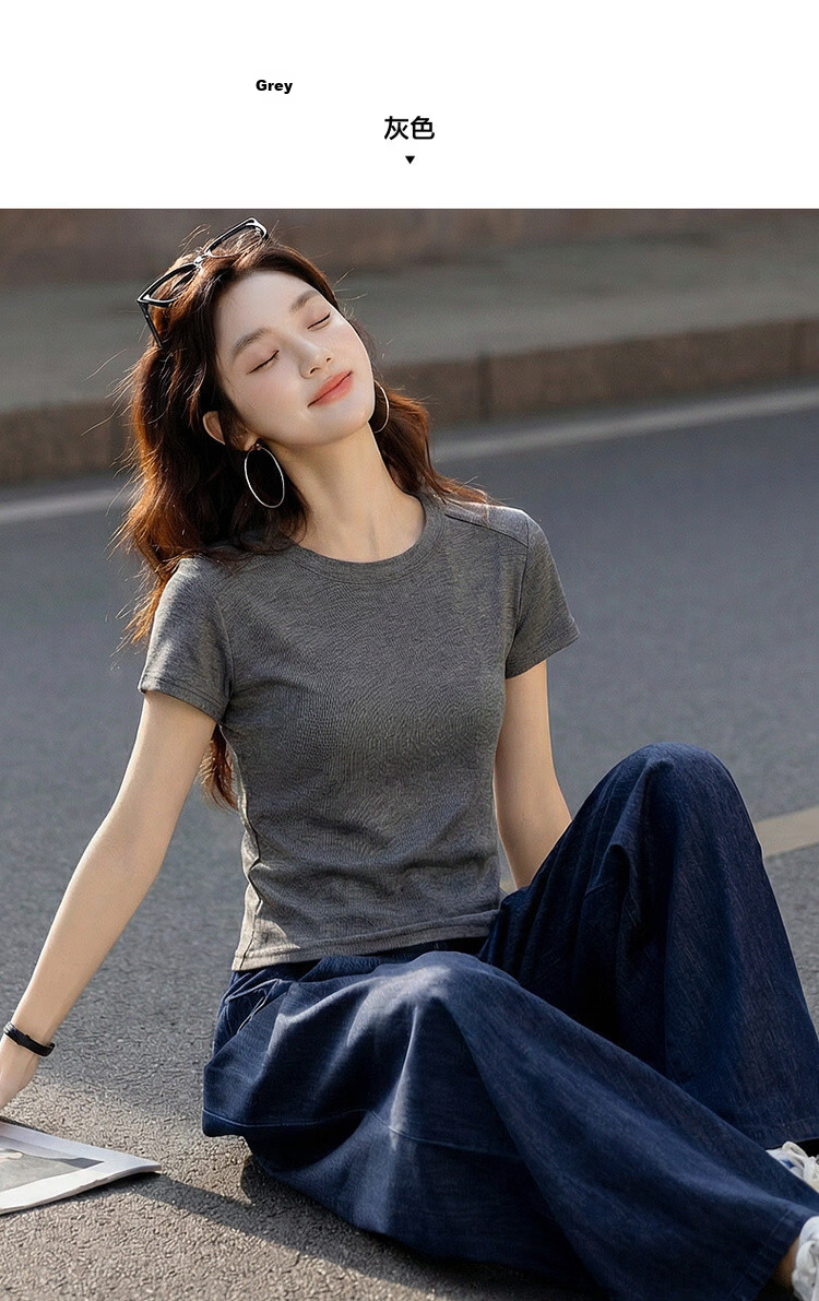 Demana [Smooth Lyocell] Summer Simple Style Round Neck Short Sleeve Slim Fit Petite Versatile High-End Women's T-Shirt 13