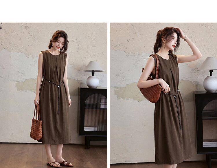 Demana Elegant Urban Summer Simple Cotton-Blend Stretch Round Neck Pleated Sleeveless Belted Dress for Women Premium Feel 14
