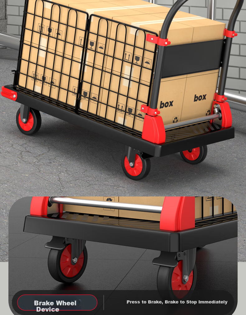 Boyun Folding Cart with Guardrail, Hand-Pulled Flatbed Trolley, Cargo Fence Cart, Small Hand Truck with Mesh Frame 6