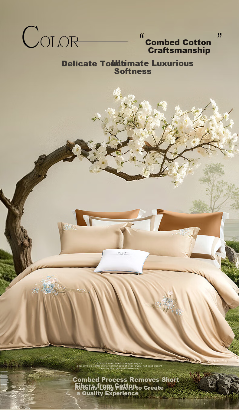 Fuanna 60S Long-Staple Cotton Embroidered 4-Piece Bedding Set 100% Cotton Sheet and Duvet Cover Double Extra Large 230*229cm Qinghuan 6