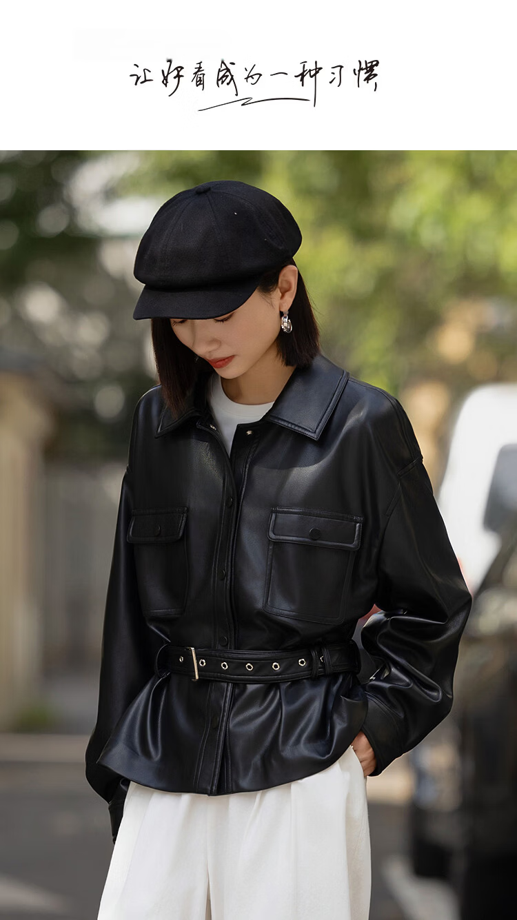 Demana Black Chocolate Bagel Spring Motorcycle Style Lapel Waist-Tied Glossy PU Large Pocket Women's Leather Jacket 1