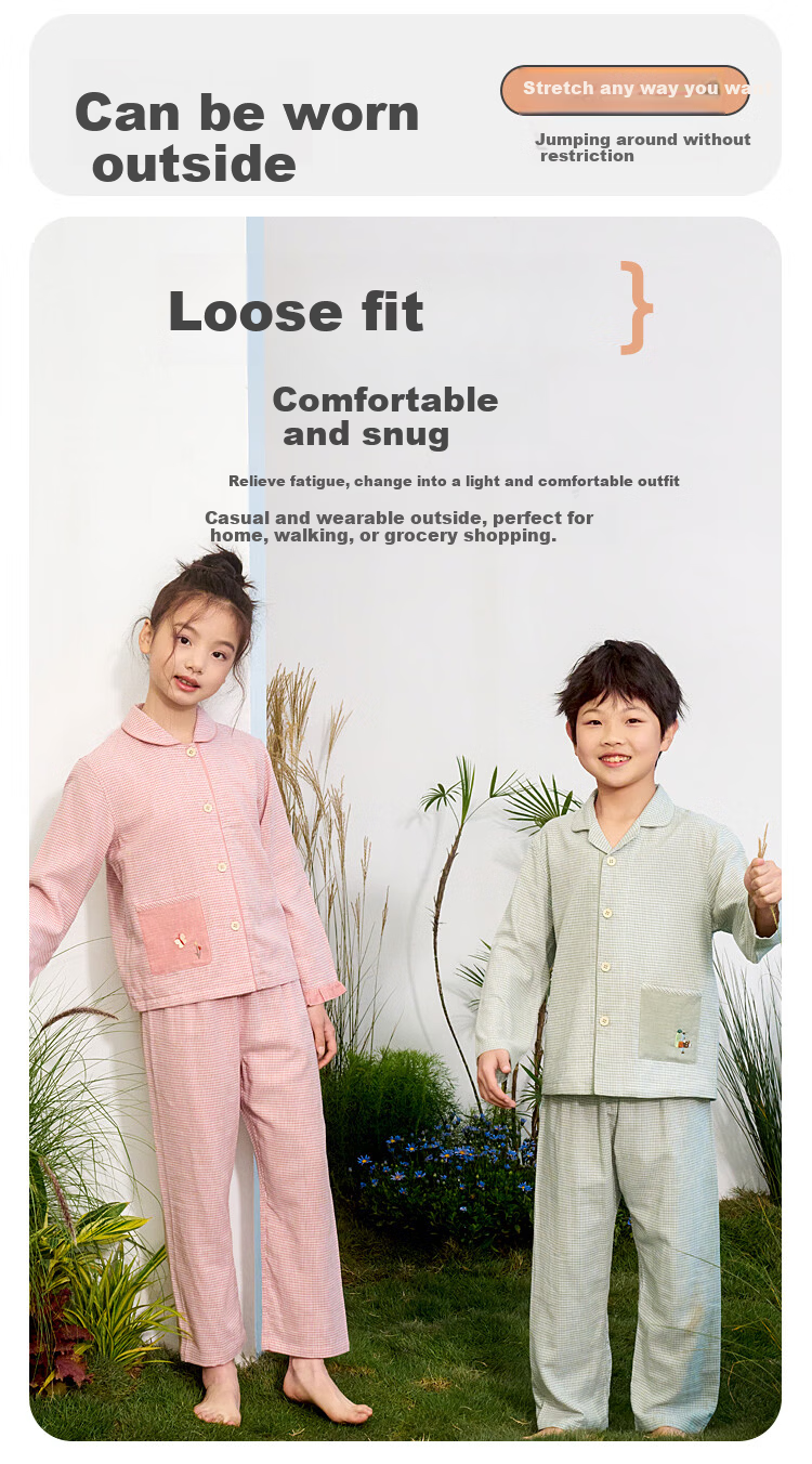 Hodohome Girls' Cotton Double-Layer Gauze Plaid Pajama Set, Long Sleeve Cardigan and Pants, Size 104-150, Pink 3