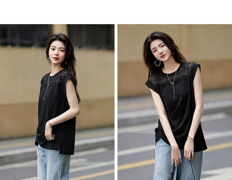 Demana [Cooling Black Technology Sorona] Summer Elegant Lace Splice Crew Neck Pleated Hem Short Sleeve Women's T-Shirt 11