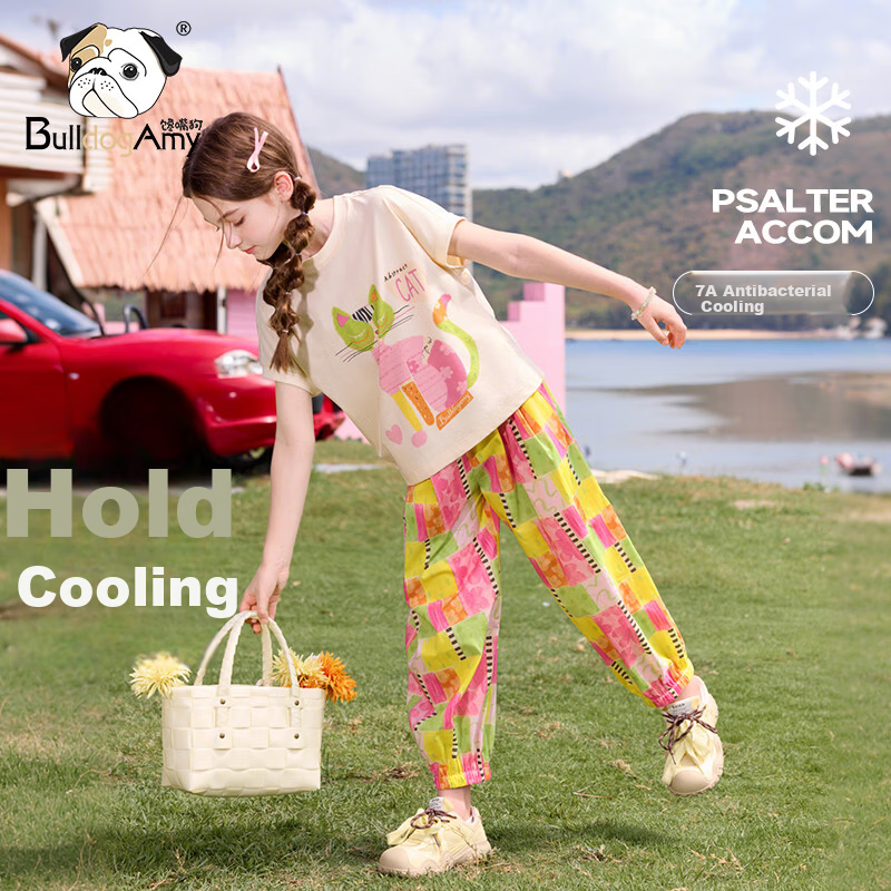 CHANZUIGOU Girls' Dopamine Set, 2026 Summer New Stylish Children's Short-Sleeve Pants, Antibacterial Cool-Touch Two-Piece Set for Children's Day
