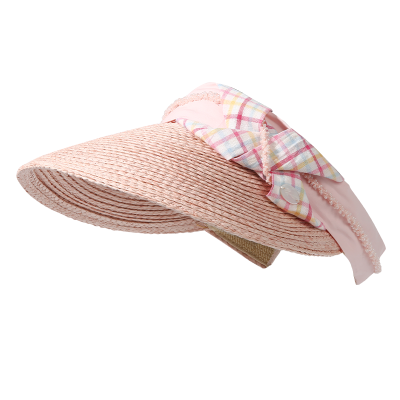 CACUSS Women's Summer Open-Top Straw Sun Hat, Sweet and Youthful Outdoor Sunshade, Plaid Face-Slimming Design, Pink